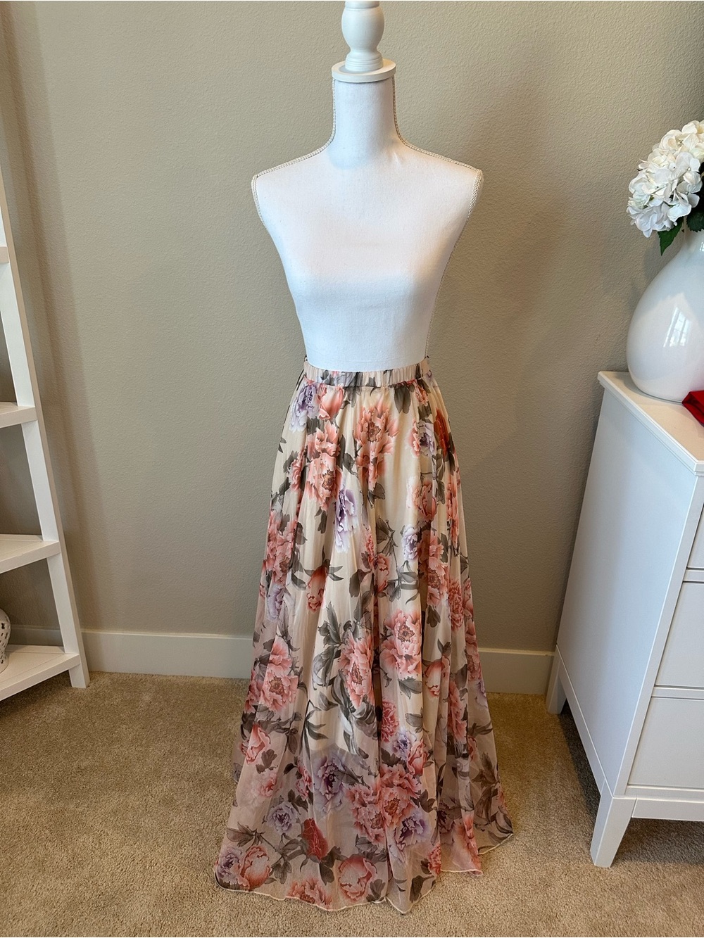 Chicwish Beige Maxi Skirt with Pink Floral Print